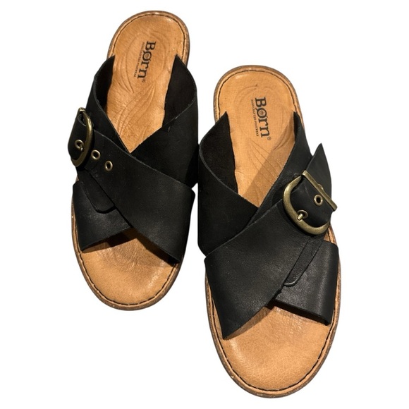 Born Wedge Shoes Black Leather Sandals Heels Slip On Open Toe Size 8 - Picture 3 of 7